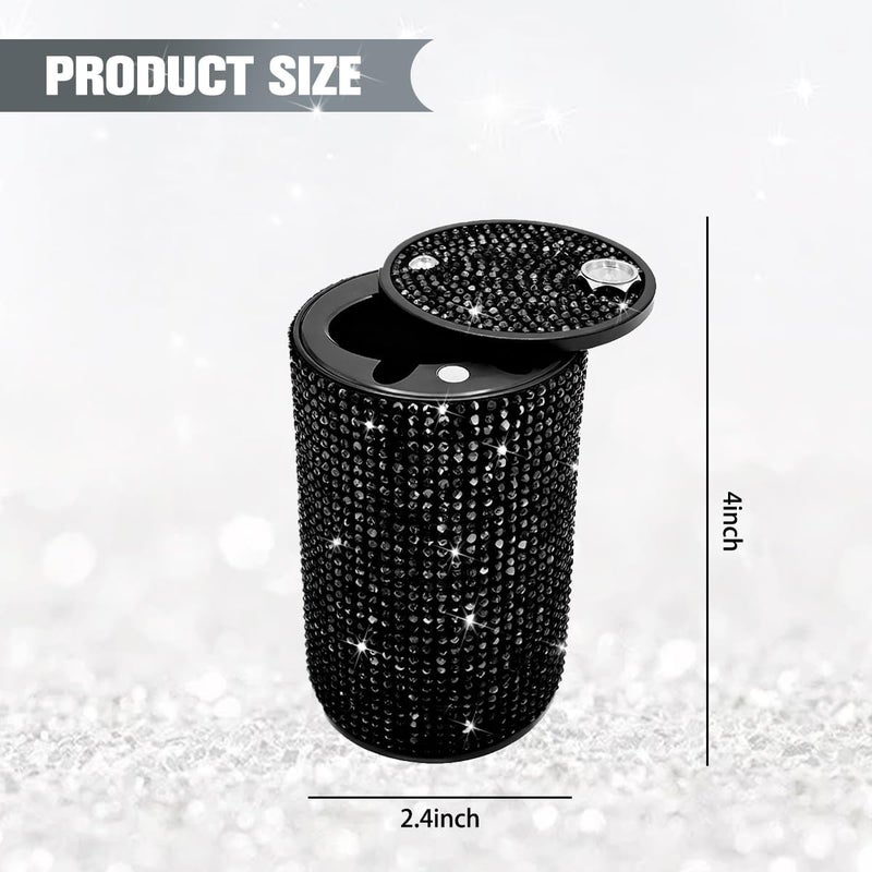 FALVFUN Bling Car Ashtray, Rhinestones Smokeless Smell Proof Vehicle Cup Holder Ash Tray with Lid, Sparkling Diamond Portable Automotive Interior Ashtray, Universal for SUV RV Truck (Black) - Image 1